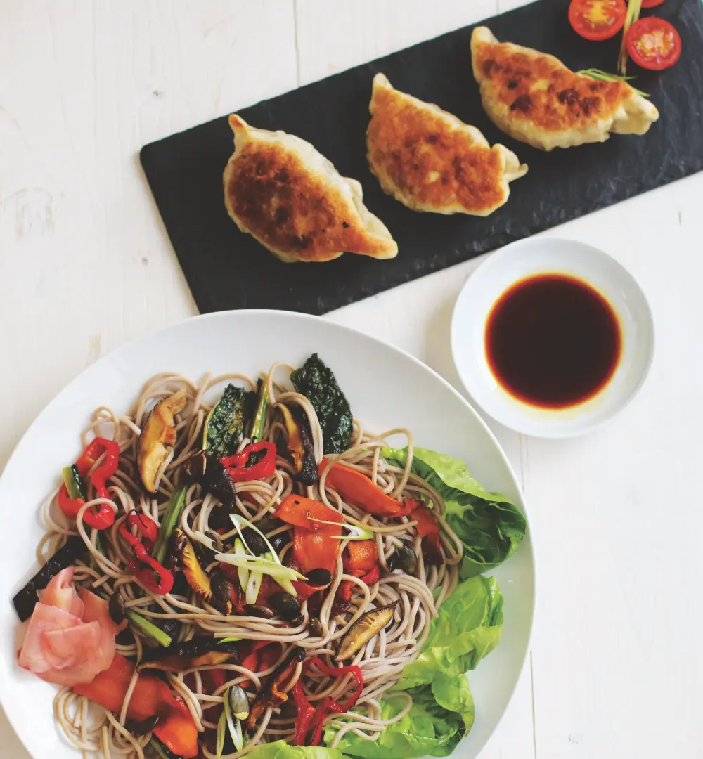 gefüllte Teigtaschen, Dumplings, mit Tomaten, Noodles, Nudel Gemüse Salat, Soja Sauce zum Dippen
