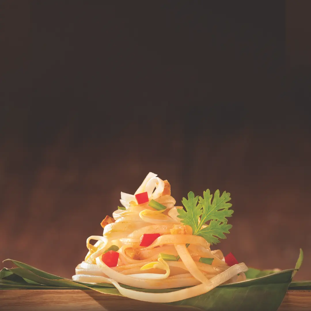 Thailändisches Nudelgericht  mit Sprossen, Paprika, Frühlingszwiebel, Petersilie
